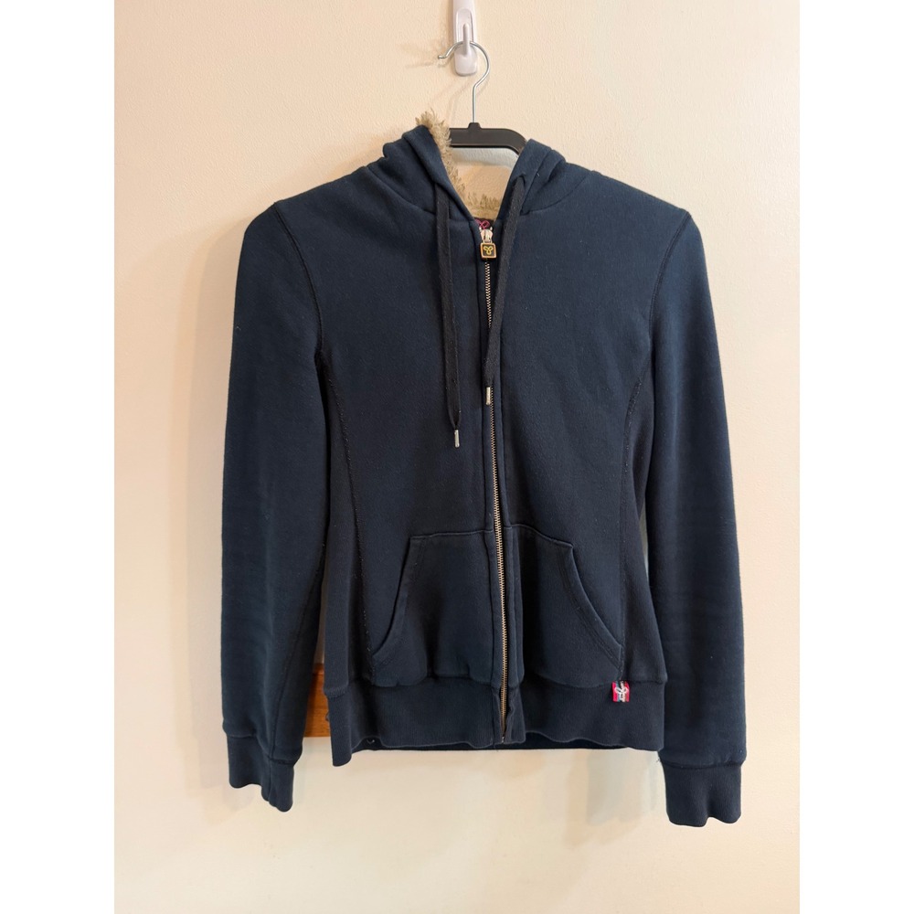 TNA Aritzia VTG Faux Fur Lined Hoodie Navy Blue Zip Up Jacket Y2K McBling